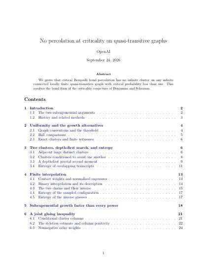 First page of No percolation at criticality on quasi-transitive graphs