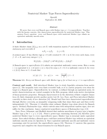 First page of Nontrivial Markov Type Forces Superreflexivity