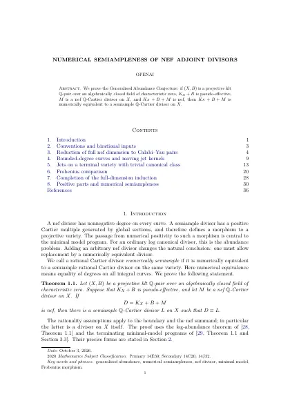 First page of Numerical Semiampleness of Nef Adjoint Divisors