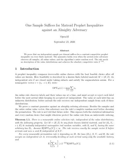 First page of One Sample Suffices for Matroid Prophet Inequalities against an Almighty Adversary