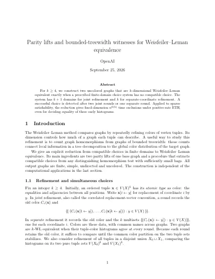 First page of Parity lifts and bounded-treewidth witnesses for Weisfeiler–Leman equivalence
