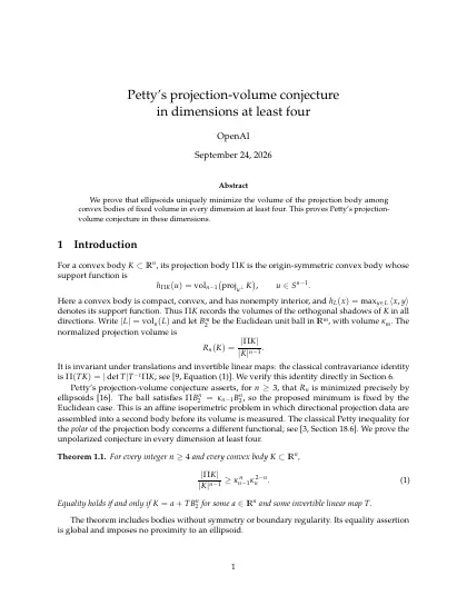 First page of Petty’s projection-volume conjecture in dimensions at least four