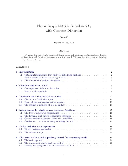 First page of Planar Graph Metrics Embed into L1 with Constant Distortion