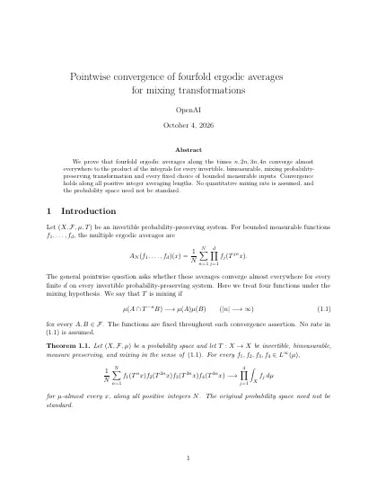 First page of Pointwise convergence of fourfold ergodic averages for mixing transformations