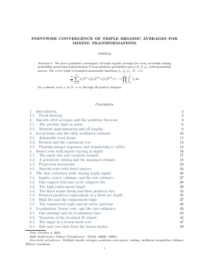 First page of Pointwise convergence of triple ergodic averages for mixing transformations