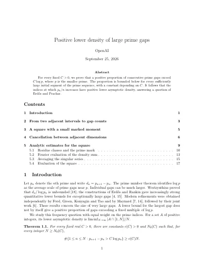 First page of Positive lower density of large prime gaps