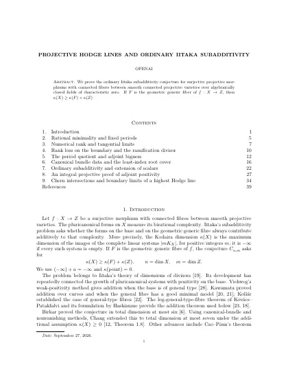 First page of Projective Hodge lines and ordinary Iitaka subadditivity