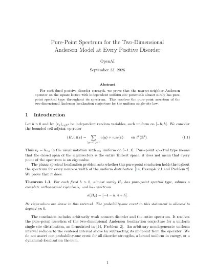 First page of Pure-Point Spectrum for the Two-Dimensional Anderson Model at Every Positive Disorder