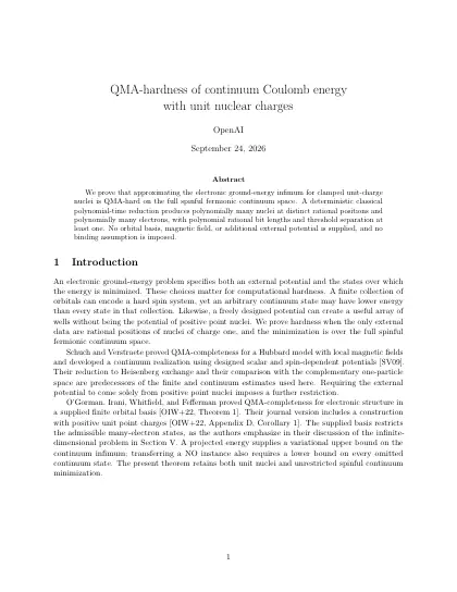 First page of QMA-hardness of continuum Coulomb energy with unit nuclear charges