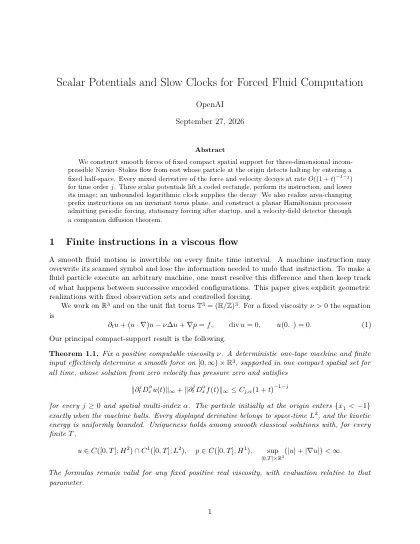First page of Scalar Potentials and Slow Clocks for Forced Fluid Computation