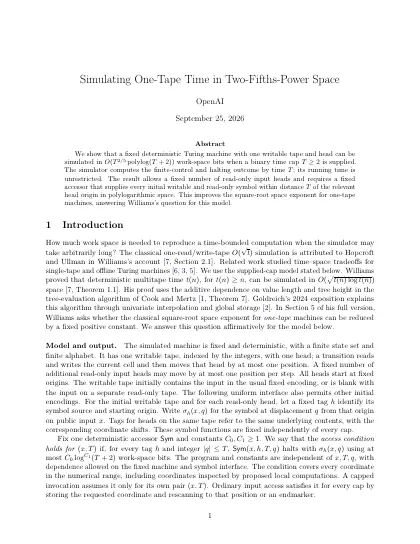 First page of Simulating One-Tape Time in Two-Fifths-Power Space