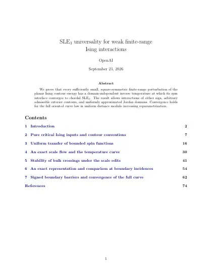 First page of SLE3 universality for weak finite-range Ising interactions