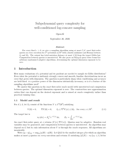 First page of Subpolynomial query complexity for well-conditioned log-concave sampling