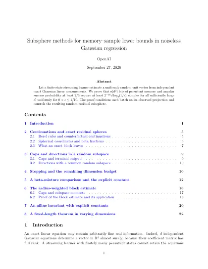 First page of Subsphere methods for memory-sample lower bounds in noiseless Gaussian regression