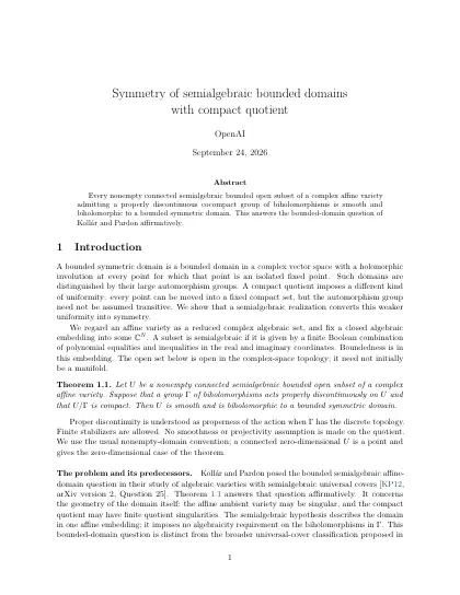 First page of Symmetry of semialgebraic bounded domains with compact quotient