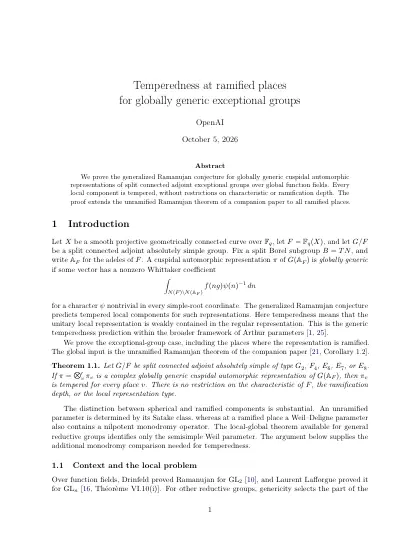 First page of Temperedness at ramified places for globally generic exceptional groups