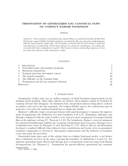 First page of Termination of generalized log canonical flips on compact Kähler fourfolds