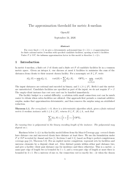 First page of The approximation threshold for metric k-median