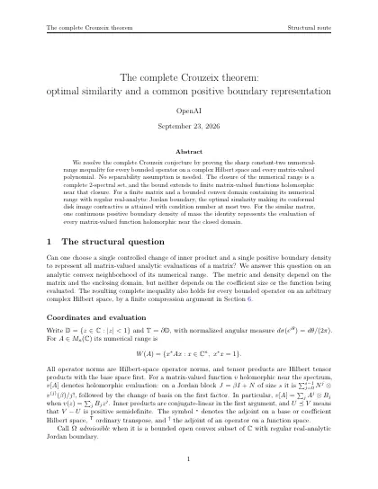 First page of The complete Crouzeix theorem: optimal similarity and a common positive boundary representation