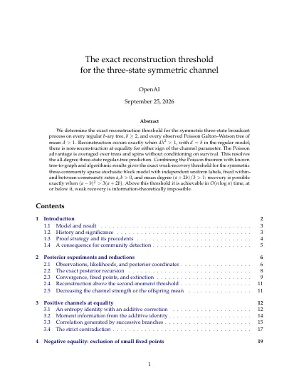 First page of The exact reconstruction threshold for the three-state symmetric channel