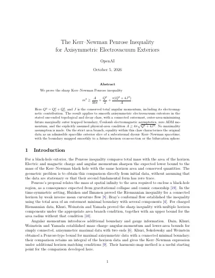 First page of The Kerr–Newman Penrose Inequality for Axisymmetric Electrovacuum Exteriors