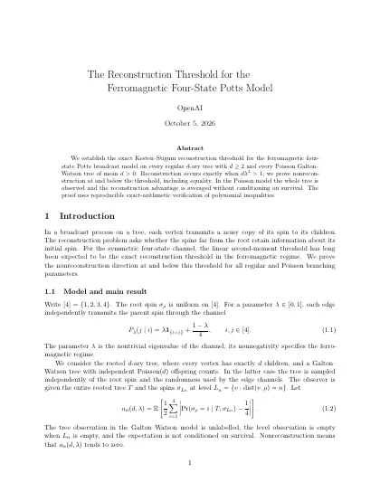 First page of The Reconstruction Threshold for the Ferromagnetic Four-State Potts Model
