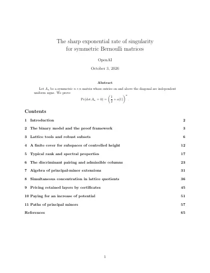 First page of The sharp exponential rate of singularity for symmetric Bernoulli matrices
