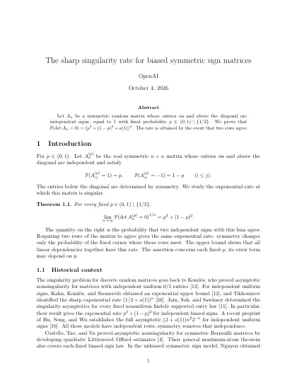 First page of The sharp singularity rate for biased symmetric sign matrices