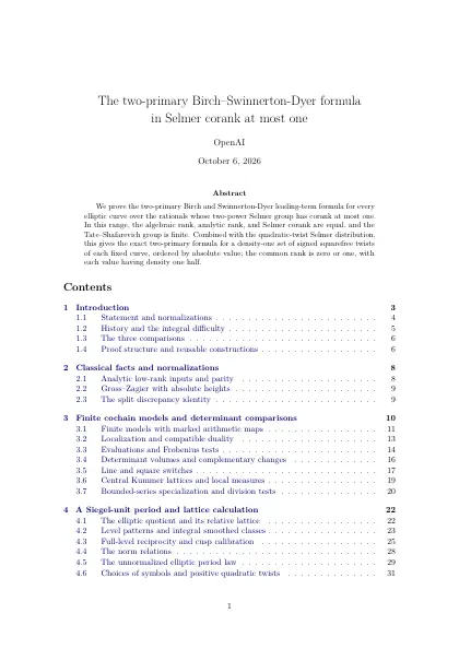 First page of The two-primary Birch–Swinnerton-Dyer formula in Selmer corank at most one