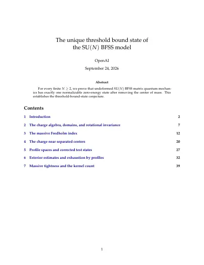 First page of The unique threshold bound state of the SU(N) BFSS model