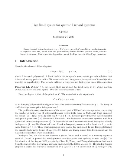 First page of Two limit cycles for quintic Liénard systems