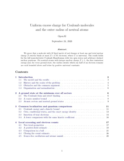 First page of Uniform excess charge for Coulomb molecules and the outer radius of neutral atoms