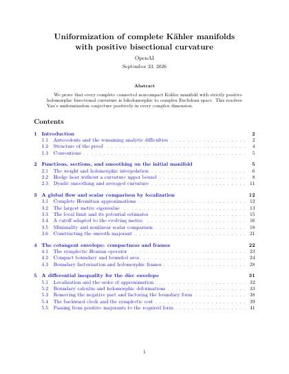 First page of Uniformization of complete Kähler manifolds with positive bisectional curvature