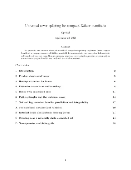 First page of Universal-cover splitting for compact Kähler manifolds