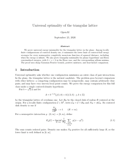 First page of Universal optimality of the triangular lattice
