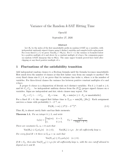 First page of Variance of the Random k-SAT Hitting Time