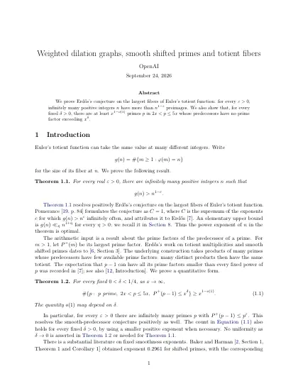 First page of Weighted dilation graphs, smooth shifted primes and totient fibers